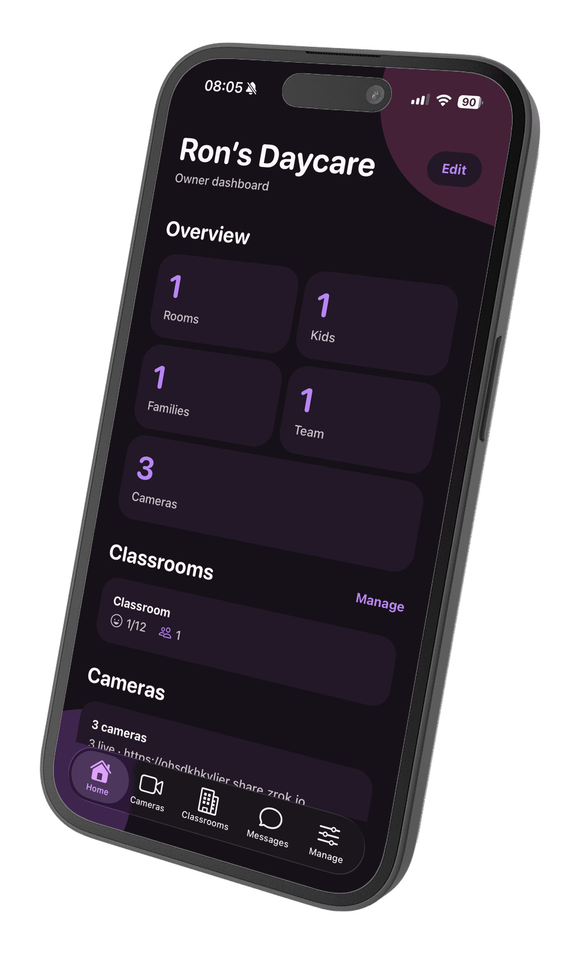 OMA owner dashboard on a phone, showing rooms, kids, families, team, and live cameras